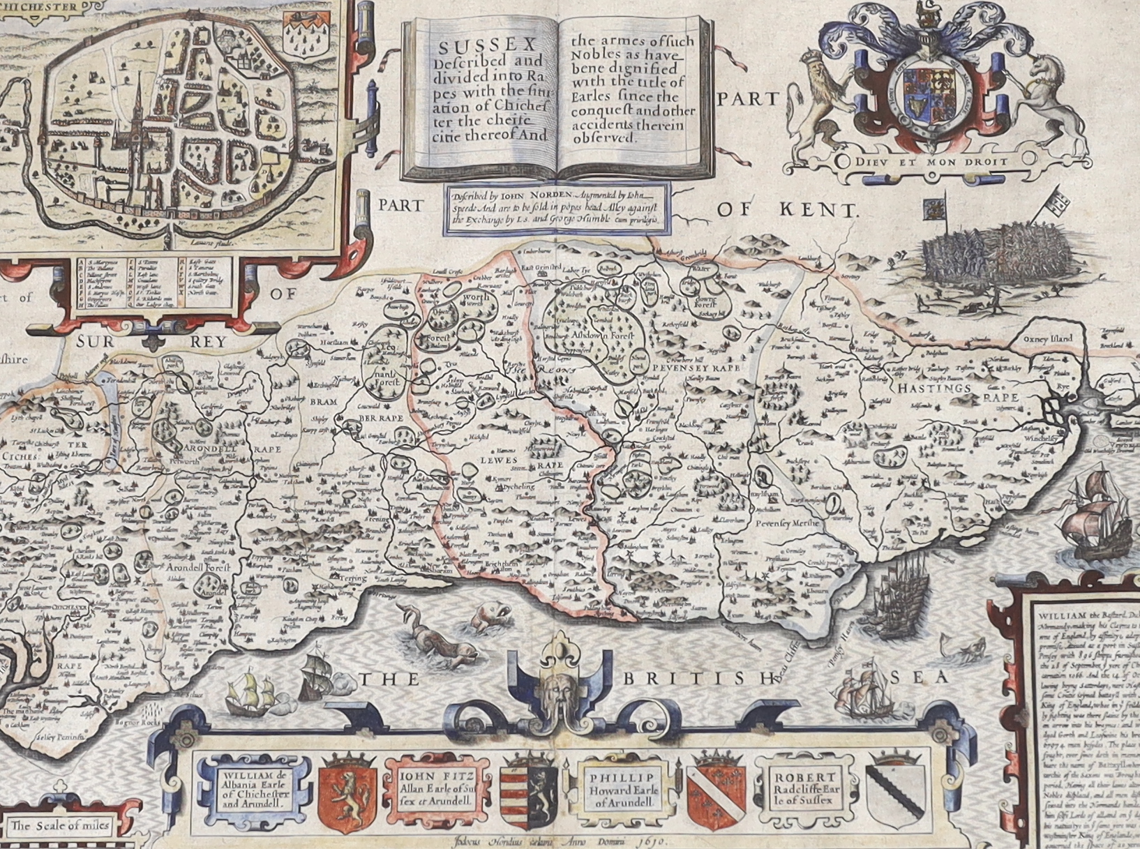 John Norden (1546-1625), hand coloured map of Sussex, sold by John Sudbury and George Humble, text verso, 39 x 51cm